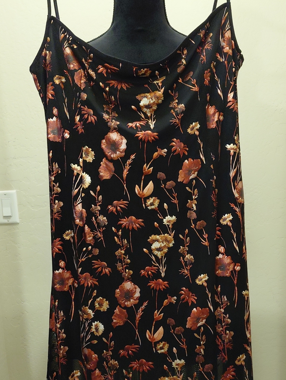 DOLLSKILL CURRENT MOOD MAXI XXL Black Slip Dress with Burnt Orange Floral Print - Picture 1 of 16